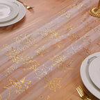 Snowkingdom Fall Table Runner, 10ft Gold Maple Leaves Gauze Chiffon Table Runners, Thanksgiving Decoration Sheer Cheesecloth Runner for Autumn Harvest Glitter White Sparkle Dining Party Decor 120 Inch