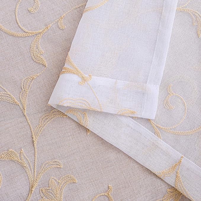 MYSTIC-HOME Sheer Curtains White 63 Inches, Boho Curtains for Bedroom Rod Pocket Farmhouse Drapes with Floral Patterned for Living Room, Embroidery Panels Vintage Country Curtains Set of 2, 52"x 63".