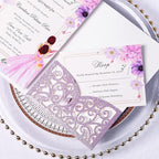 PONATIA 20 PCS Laser Cut Wedding Invitations Pockets with Envelopes for Wedding Party Bridal Shower Engagement Birthday Invite (Purple Glitter)