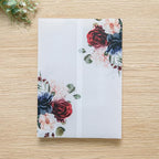 PONATIA 50 PCS 135gsm Vellum Jackets for 5x7 Invitation Cards - Burgundy and Navy Blue Flowers Printed Vellum Sleeves, Wedding Invitation Cards Wraps, Transparent Christmas Gift Cards Jackets