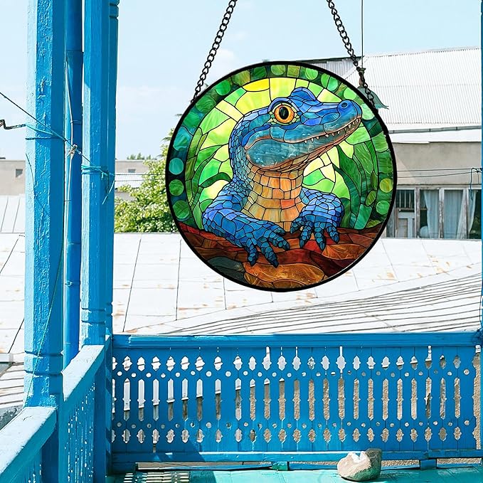 Stained Glass Window Hanging, Blue Alligator Sun Catcher for Window Door Home Decor Green Brown Suncatcher Christmas Mother's Day Birthday Gifts for Women Men Mom and Nana 9.8 in