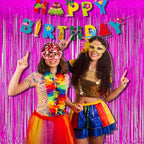 Foil Fringe Curtain Party Decorations - Hot Pink Photo Backdrop Tinsel Steamers Curtains for Tropical Hawaiian Theme Birthdays Christmas Valentine Bachelorette Parties