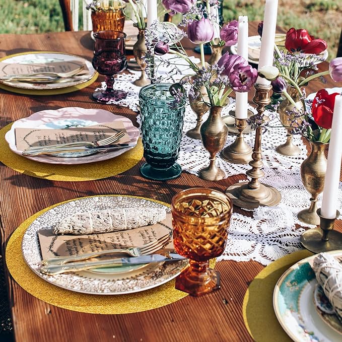 50 Pieces Gold Glitter Paper Place Mats Sparkle Round Disposable Table Mats Golden Sequin Doilies Decorative Placemats for Wedding Banquet Party Home Dining Tableware