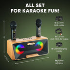 MASINGO Karaoke Machine for Adults and Kids with 2 Wireless Microphones, Portable Bluetooth Singing Speaker, Colorful LED Lights, PA System, Lyrics Display Phone Holder, and TV Cable. Presto G2 Wood