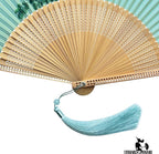 FANSOF.FANS Premium Floral Silk Fabric Border Handheld Folding Fan with Grade A Bamboo Ribs for Women Girls Event Birthday Wedding Favour with Tassel (Single Flower Border - Turqoise)