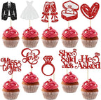 Gyufise 30Pcs She Said Yes Cupcake Toppers Glitter Diamond Ring I Do Love Cupcake Picks Miss to Mrs He Asked Bridal Shower Wedding Engagement Bachelorette Cake Decoration Red