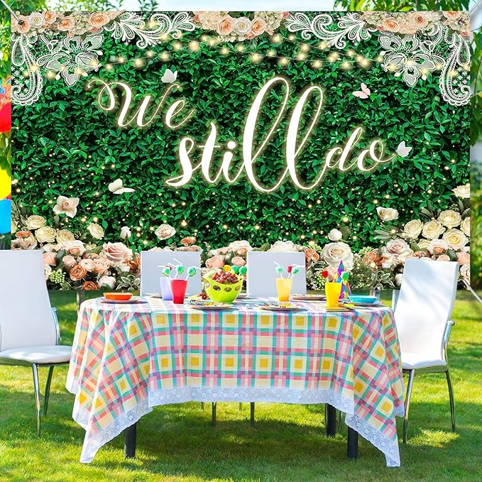 We Still Do Backdrop Green Leaves Lace Wedding Anniversary Photography Background Engagement Vow Renewal Bachelorette Party Decoration Banner Photo Booth Studio Props 9x6ft FU064YL