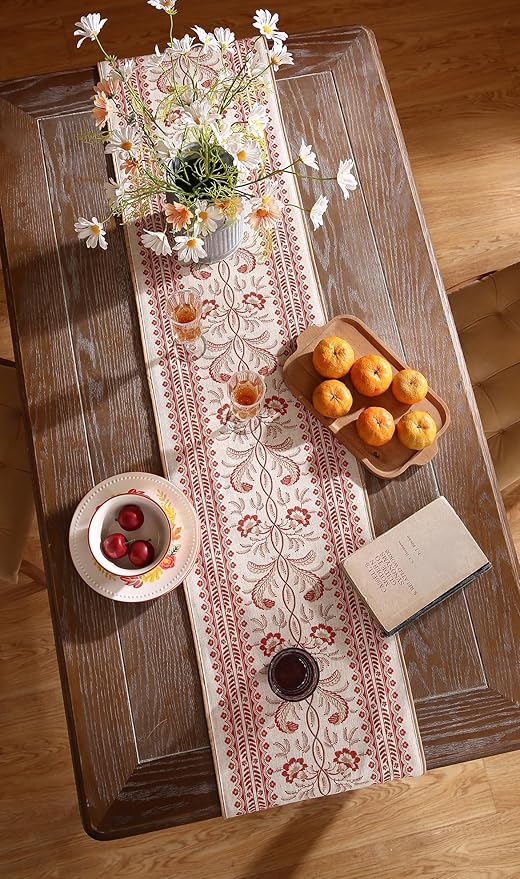 ISAENNE Designer Vintage Linen Table Runner 102 Inches Long,Red Floral Pattern Modern Decor Table Runners for Dining Tables,Thanksgiving,Kitchen Tables,Christmas,Banquet,12"*102"-Chamonix A