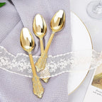 WDF 100 Piece Gold Plastic Spoons Disposable - 6.93 Inch Baroque Gold Spoons Plastic Silverware for Dessert Cake - Heavy Duty for Thanksgiving Party, Wedding or Daily Using