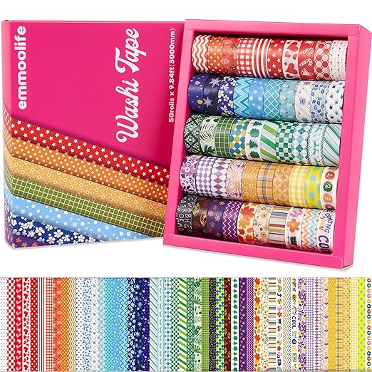 emmoolife 50 Rolls Washi Tape Set, 15mm Wide Rainbow Colored Tape Aesthetic Design Masking Decorative Tape for Scrapbooking Supplies, Bullet Journaling, Junk Journal, Wrapping Planners, DIY Arts Craft