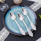 WDF 100 Piece Silver Plastic Spoons Disposable - 6.93 Inch Baroque Silver Silverware for Dessert Cake - Heavy Duty Plastic Spoons for Christmas Party, Wedding or Daily Using