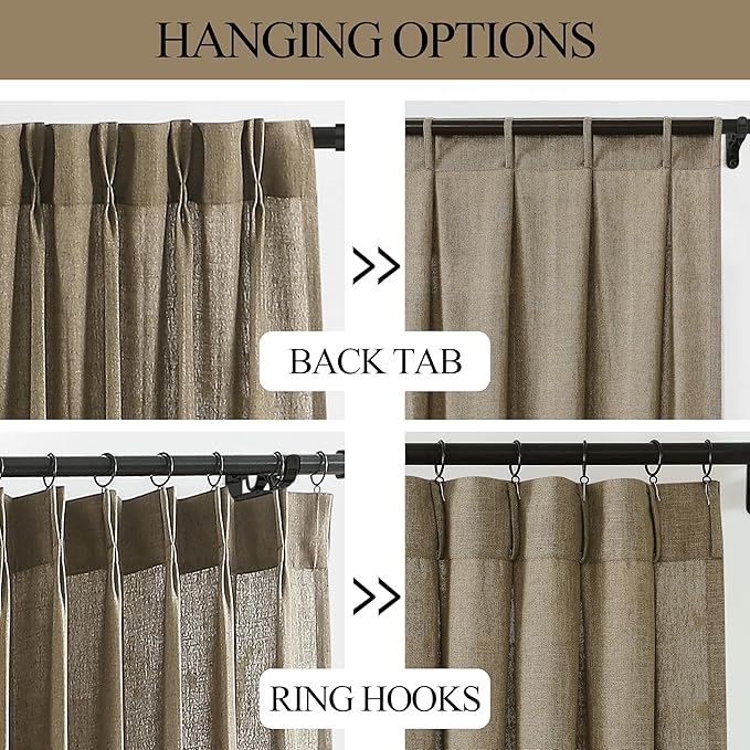 Vision Home Brown Pinch Pleated Semi Sheer Curtains Textured Linen Blended Light Filtering Window Curtains 72 inch for Living Room Bedroom Pinch Pleat Drapes with Hooks 2 Panels 40" Wx72 L