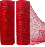 Ribbli 2 Rolls Red Mesh Ribbon,10 inch x 30 feet(10Yard) Each Roll,Metallic Red with Foil,Christmas Ribbon for Wreath Swags and Decorating