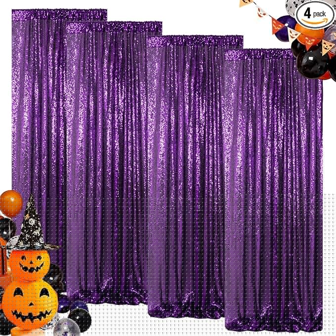 ShinyBeauty Sequin Backdrop Curtains 4 Panels Purple 2FTx8FT Sequin Fabric Photo Backdrop Curtains Purple Glitter Curtains for Party