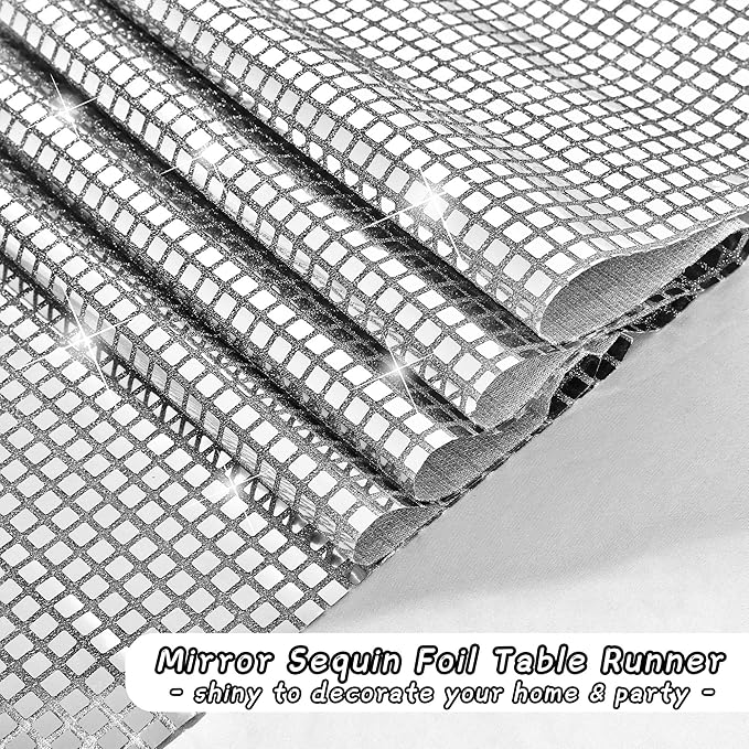 Durony Disco Table Runner 11 x 108 Inch - Mirror Silver Glitter Foil With Sparkle Sequin for Bachelorette, 70s, Cowgirl Party Decorations