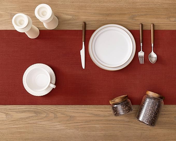 ZeeMart Linen Textured Border Table Runner, 14 x 48 Inch Orange, Farmhouse Style Burnt Orange Fall Table Runners 48 Inches Long, Easy Care Everyday Polyester Table Runner