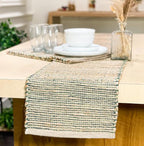 Chardin home Natural Jute Table Runner 13x90 Inch – Vintage Boho Rustic Table Decor – Handwoven Table Runner in Natural Jute and Green – Farmhouse Dining or Console Table Accent