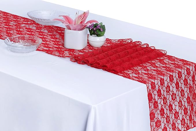 MDS Pack of 25 Wedding 12 x 108 inches Lace Table Runner for Wedding, Decorations for Birthday Parties, Banquets, Graduations, Engagements, and Runners fit Rectangle, Round Table- Red