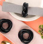 Three Ring Wooden Napkin Rings Set of 12 - Acacia Wood Interlocked Napkin Holder Cuffs for Dinner Table Décor - Rustic Modern Serviette Rings for Weddings, Parties, Receptions (Black) - CLEENTABLE