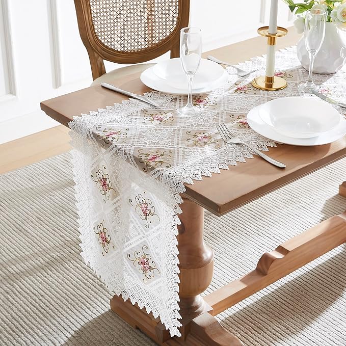 Warm Home Designs White Lace Table Runner. 72 Inch Long, Embroidered with Intricate Flower Design. Can Be Used As Dresser Scarf or Dining Table Runner. VTR White 72