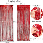 BRAVESHINE Tinsel Foil Fringe Curtains - 2 Pack 3.2 x 8.2 ft Metallic Photo Booth Streamer Backdrops for Birthdays Fiestas Melons Hawaiian Luau Tropical-Theme Christmas Party Decorations - Red Green