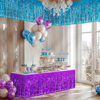 2 Pack Lake Blue Dark Purple Table Skirts, 29x108" Metallic Foil Tinsel Fringe Table Skirt for Rectangle Tables Streamer Curtains Backdrop, Party Decorations for Birthdays, Weddings, Holidays