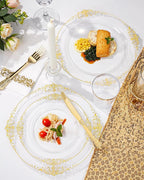 Nervure 350PCS Clear Gold Plastic Plates - Gold Plastic Dinnerware Sets for 50 Guests - 100 Disposable Plates, 150 Silverware, 50 Cups, 50 Napkins for Wedding & Party & Thanksgiving