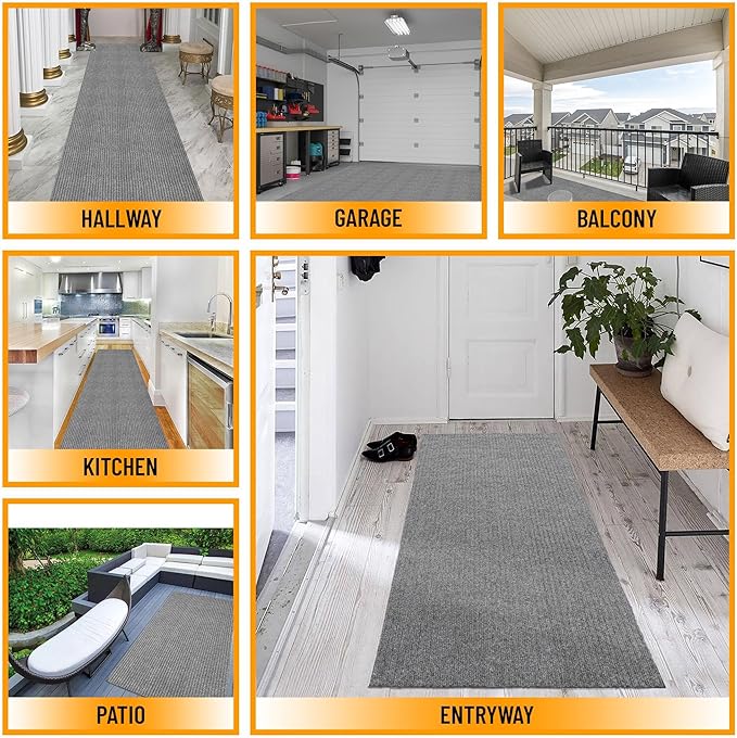 Ottomanson 2' x 25' Hallway Runner with Scraper Pile Extra Durable Non-Slip Rug Mat for Indoor & Outdoor Use - Ideal for Kitchen, Entryway, Patio & Garage - High-Traffic Carpet, Gray