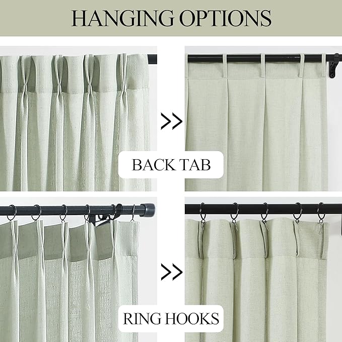 Vision Home Soft Green Pinch Pleated Semi Sheer Curtains Textured Linen Blended Light Filtering Window Curtains 95 inch for Living Room Bedroom Patio Pinch Pleat Drapes with Hooks 1 Panel 60" Wx95 L
