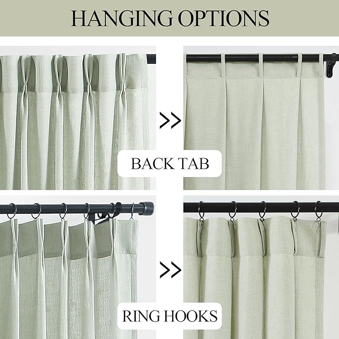 Vision Home Light Green Pinch Pleated Semi Sheer Curtains Textured Linen Blended Light Filtering Window Curtains 72 inch for Living Room Bedroom Pinch Pleat Drapes with Hooks 2 Panels 40" Wx72 L