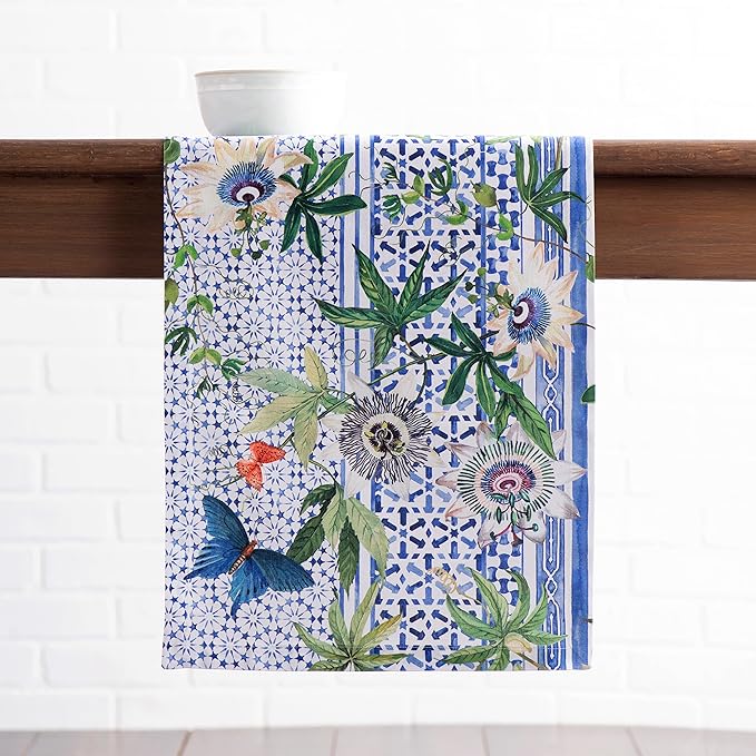 Maison d' Hermine Table Runner 100% Cotton Single Layer Table Runners 108 inches Long Decorative for Home Kitchen Dining Party Wedding Bridal Shower Spring Summer (Passiflora, 14.50" x 108")