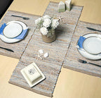 Chardin home Natural Jute Table Runner 13x36 Inch – Vintage Boho Rustic Table Decor – Handwoven Table Runner in Natural Jute and Sky Blue-White – Farmhouse Dining or Console Table Accent
