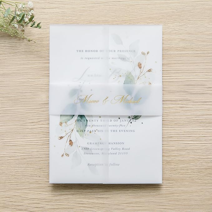 PONATIA 50PCS Vellum Jackets for 5x7 Invitation Cards - 135GSM Green Leaves Vellum Sleeves, 5x7'' Clear Jackets Wedding Invitations Wraps - Transparent Card Jackets