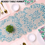 Handcrafted Beaded Table Runner – Elegant, Stain-Resistant Glass Bead & Polyester Glitz Accent for Farmhouse, Wedding, Bridal Shower, Dinner Table & Holiday Decor (Sky Blue White) - CLEENTABLE