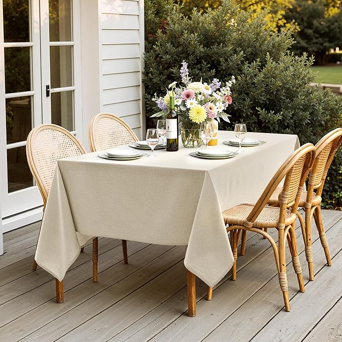 MIULEE Natural Linen Cottton Table Cloth Rectangle Tablecloth Waterproof Spillproof Cross-Star Textured Table Cltoth Decorative Farmhouse Style for Dining Party Weddings 52x70 Inch