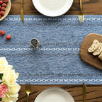 Artoid Mode Blue Rustic Cotton Linen Table Runner, Seasonal Embroidered Hollow Kitchen Dining Table Decoration for Home Party Decor 13x108 Inch