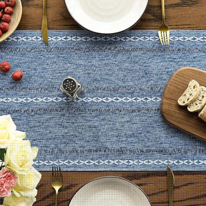 Artoid Mode Blue Rustic Cotton Linen Table Runner, Seasonal Embroidered Hollow Kitchen Dining Table Decoration for Home Party Decor 13x90 Inch