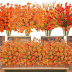 16Pcs Outdoor Fall Flowers UV Resistant Artificial Fall Flowers Autumn Plastic Flowers Plants Fall Greenery Shrubs for Outside Garden Front Porch Patio Thanksgiving Decor