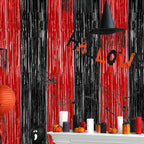 4 Pack Halloween Wall Backdrop, 3.28 FT x 7.05 FT Red and Black Party Streamer, Metallic Tinsel Curtains Fringe Backdrop Foil Streamer, Halloween Hanging Decor Casino Theme Party Decorations
