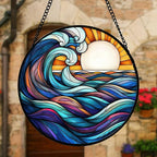 Stained Glass Window Hanging, Big Wave Sun Suncatcher Diamond Glass Panel Hangings Abstract Sun Catchers Decor for Birthday for Women, Men, Wife, Aunt, and Mom 7.8 in
