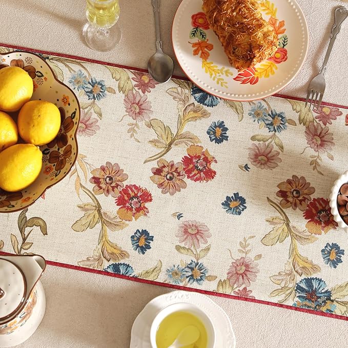 patdrea Designer Farmhouse Linen Thick Table Runner, Rustic Cottage Beige with Floral Pattern Fabric Table Mat, Decoration for Kitchen Dining Thanksgiving New Year Banquet Christmas, 12"*87"