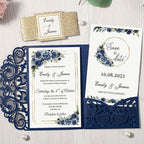 DORIS HOME 50PCS Laser Cut Wedding Invitations with Envelopes and RSVP Cards BLANK Inner With Gold Glitter Belly Band for Wedding Engagement Bridal Shower Party Invite 4.7x7 Inch Navy Blue