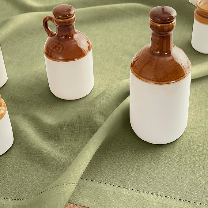 Solino Home Linen Moss Green Table Runner 90 Inches Long - 100% Pure Linen Hemstitch 14 x 90 Inch Table Runner for Dining, Fall, Autumn, Thanksgiving - Classic Hemstitch