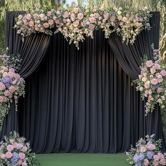 20ftx14FT Wrinkle Free Black Backdrop Curtain, 4 Panels 14FT Height Black Wedding Backdrop Drapes, Silky Polyester Back Drop Cloth for Birthday Photography Background Party Backdrop Draping