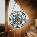 Stained Glass Window Hanging - Blue and White Abstract Flowers Suncatcher for Door Terrace Garden Home Decor, Gold Sun Catcher Birthday Gifts for Lovers Women Men Dad Mom Nana 7.8 in