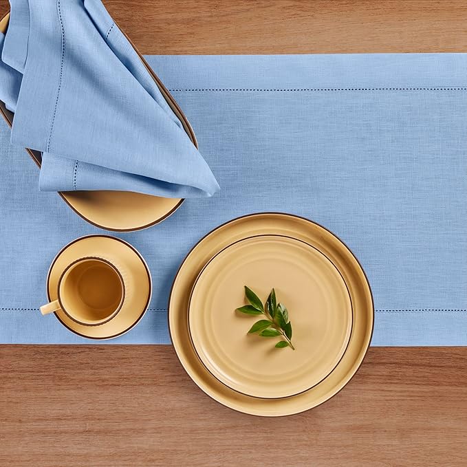Solino Home Linen Cornflower Blue Hemstitch Table Runner 36 Inches - 100% Pure Linen Small Table Runner 14 x 36 Inch Ideal for Dresser and Coffee Tables - Classic Hemstitch - Christmas, Holiday