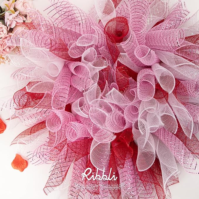 Ribbli 2 Rolls Light Pink Mesh Ribbon,10 inch x 30 feet(10Yard) Each Roll,Metallic Light Pink with Pink Wide Foil,Use for Wreaths Swags,Valentine’s Day and Christmas Decoration