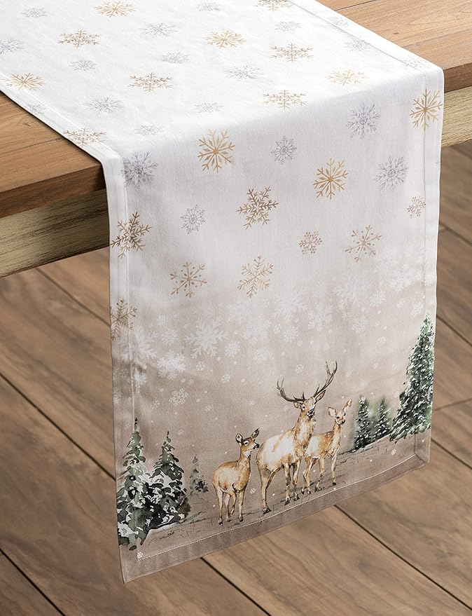 Maison d' Hermine Table Runner 100% Cotton Single Layer Table Runners 60 inches Long for Thanksgiving Christmas Decorations Home Kitchen Dining Party Wedding (Deer in The Woods, 14.5" x 60")