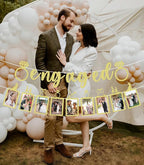 Pre-Strung Engaged Photo Banner - Gold Glitter Engagement Party Decoration Supplies with Romantic Memories Picture Card Frames for Bachelorette, Bridal Shower, Wedding Party Photo Booth Props