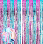2 Pack 3.3x8.2 Feet Blue and Pink Foil Fringe Backdrop Curtains, Tinsel Streamers Birthday Party Decorations, Fringe Backdrop for Graduation, Baby Shower, Gender Reveal, Disco Party